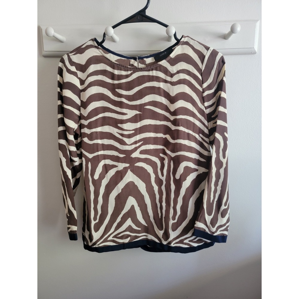 J. Crew Women's Silk Blouse Brown Navy Zebra Career Occasion Size 2 Classic Crew
